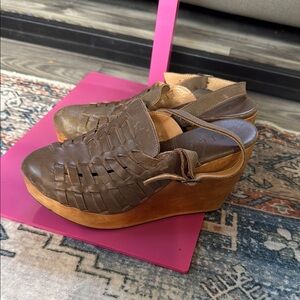Brown Woven Leather Wedge Sandals